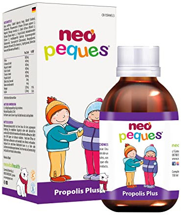 NEO PEQUES | Propoli più Sciroppo per bambini 150ml | Migliora i Sintomi del Raffreddore e Rafforza le Difese | A base di Propoli, Polline, Estratti Vegetali e Oligoelementi | Aroma di Miele e Limone