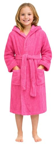 Adore Home Kid's 100% Cotton Terry Towelling Hooded Shawl Collar Bathrobe (AGE 12-13, Pink)