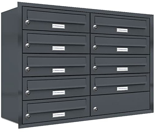 AL Briefkastensysteme, 9er Unterputzbriefkasten in Anthrazit Grau RAL 7016, 9 Fach wetterfeste Briefkastenanlage Design modern