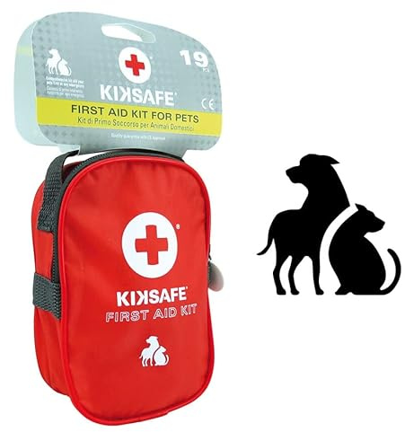 KIKSAFE Kit Primo Soccorso Animali Domestici | 19 Pezzi Essenziali per Cani e Gatti | Borsa Compatta e Impermeabile per Emergenze in Viaggio, Auto e Casa