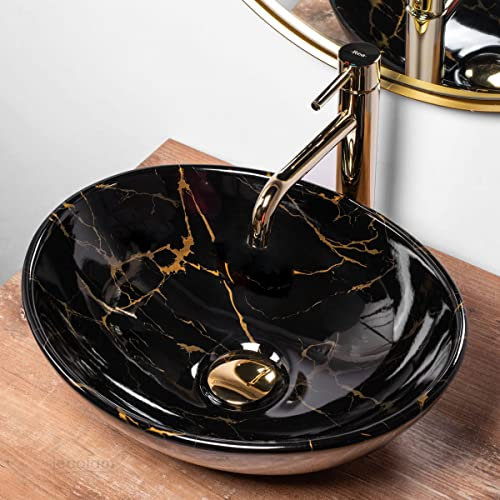 ECOLAM® Aufsatzwaschbecken SOFIA BLACK MARBLE schwarz hochglanz Keramik Handwaschtisch Waschbecken Waschschale Marmor-Muster oval