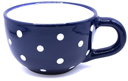 UNGARNIKAT - Jumbo Tasse 500ml mit Griff - Kaffeetasse Groß/Müsli Becher/Suppentassen mit Henkel - Dunkelblau mit handbemalte Weiße Punkten, Spülmaschinefest