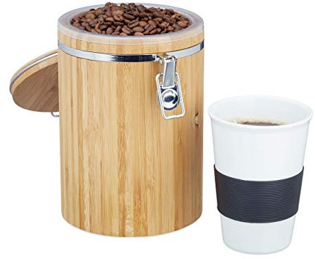 Relaxdays Kaffeedose Bambus, leicht zu reinigen, Kunststoffbehälter, Bügelverschluss, H x B x T: ca. 20 x 13,5 x 13,5 cm, natur