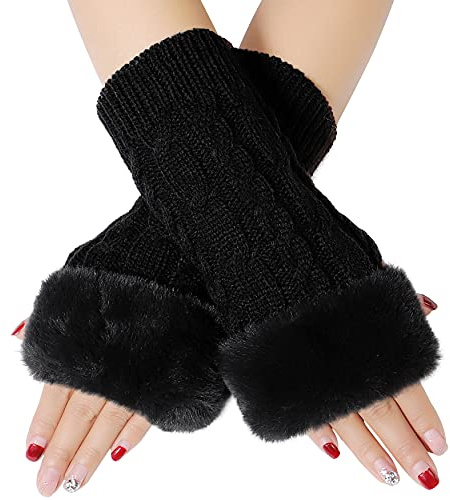 Bienvenu Fingerlose Handschuhe für Damen, Armstulpen mit Kunstpelz, Winter Fingerlose Fäustlinge, schwarz, Einheitsgröße