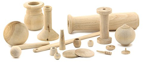 Hygloss 95010 Unfinished Wood Turning, Assorted Craft Shapes with Pegs, Bead, Tacks, Sticks, Balls, Discs, Spools, 1 lb., Natural