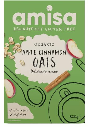 Amisa Organic Gluten-Free Pure Porridge Oats Apple & Cinnamon, 300g - High in Fibre & Gluten Free - The Perfect Breakfast Cereal