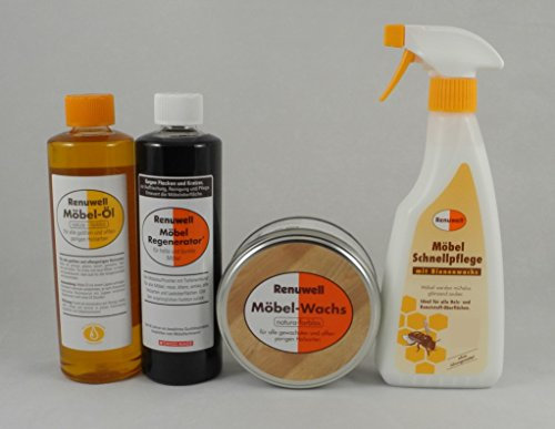 Renuwell Möbel-Regenerator, Möbel-Öl, Möbel-Wachs & Möbel Schnellpflege mit Bienenwachs (jeweils 500 ml) – 4-teiliges Set zur intensiven Pflege, Reinigung und Schutz von Holz