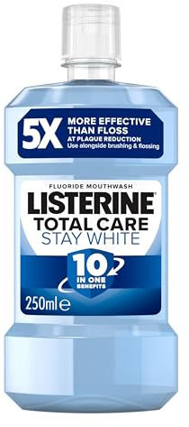 Listerine Total Care Stay White Mouthwash (1x 250ml), 10-in-1 Benefit for Total Oral Care, Gum Mouthwash to Maintain a Clean and Healthy Mouth and Naturally White Teeth