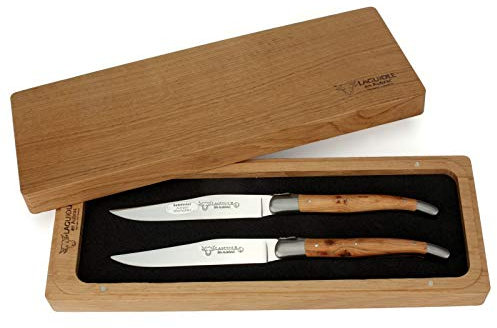Laguiole en Aubrac - 2er Set original Laguiole Steakmesser - Griffschalen Wacholder - Tafelmesser Frankreich