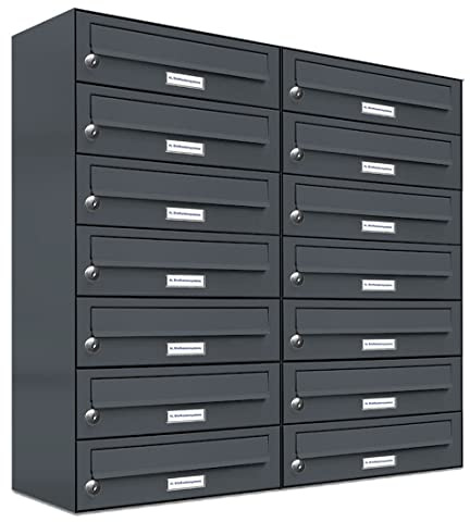 AL Briefkastensysteme 14er Briefkastenanlage Anthrazit Grau RAL 7016, Premium Briefkasten DIN A4, 14 Fach Postkasten modern Aufputz