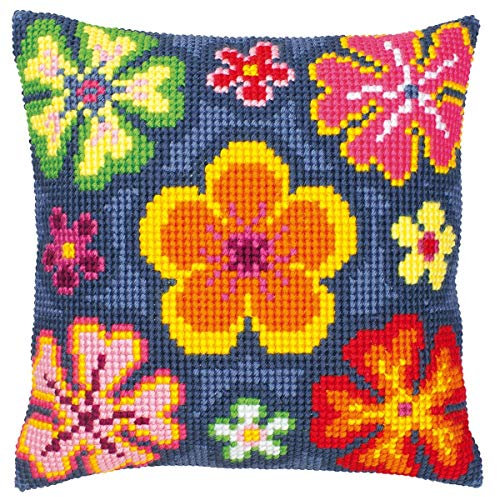 VERVACO Kreuzstich Stickpackungen Kissen Stickerei Set Anfänger Vorgedruckt Flower Power DIY Set Kreativ Set Für Erwachsene Dekoratives Kissen ca. 40 x 40 cm Bastelset Handwerker Haus Dekoration