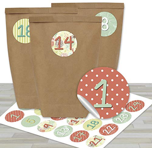 Calendario de Adviento DIY para rellenar - con 24 bolsas de papel de estraza y 24 discretas pegatinas - para bricolaje y manualidades - Mini Set No 24 - Navidad 2021 para niños.