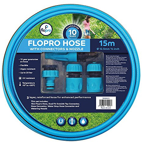 Flopro Garden Hose Pipe with Connectors and Nozzle, 15 m (49 ft)