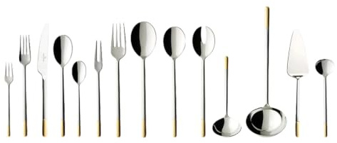 Villeroy & Boch - Ella Set de Cubiertos 12 Personas 70 Piezas Plata, Apto para Lavavajillas, Cubertería Completa, Cubertería Dorada Platino, Acero Inoxidable