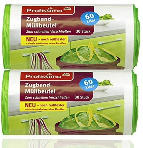 Gut & Günstig Müllbeutel mit Kordelzug, 60 Liter, reißfest und flüssigkeitsdicht, 60 Stück, 2 x 30 Pads einzeln, kein Reißen