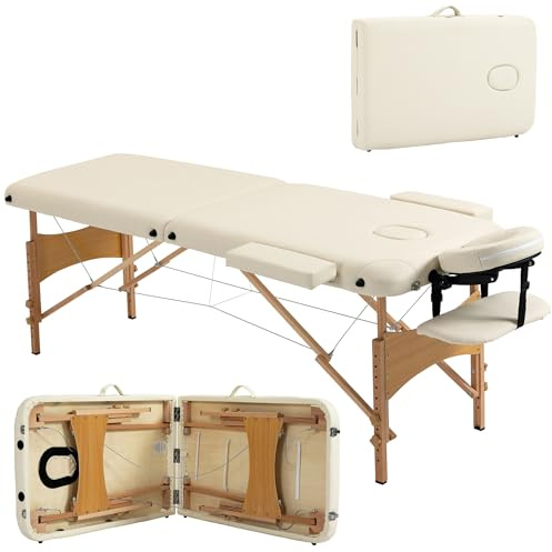 HOMCOM Camilla de Masaje Plegable 210x81 cm Camilla Estética Profesional con Reposacabezas Extraíble 2 Zonas Asa y Marco de Madera con Altura Regulable y Bolsa de Transporte Crema