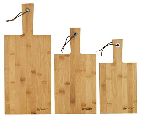 Progress BW05082 Schneidebretter aus Holz – 3-teiliges Schneidebrettset, FSC®-zertifizierter Bambus, Charcuterie-Paddelbretter mit Griffen, 30/35/45 cm, zum Schneiden von Fleisch, Gemüse, Käse, Brot