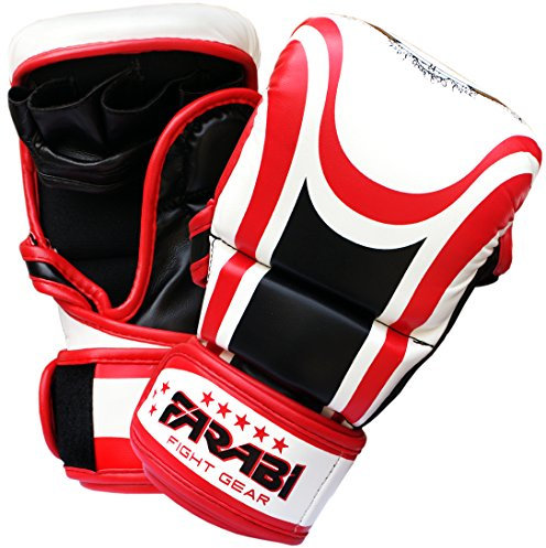 Farabi Sports Hybrid Semi Pro MMA Trainingshandschuhe 7oz Grappling Sparring Handschuhe (White/Red, S/M)
