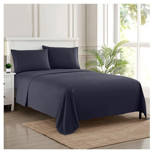 Sweet Home Collection Luxury Bedding Set with Flat, Fitted Sheet, 2 Pillow Cases, Microfiber, Navy, Twin