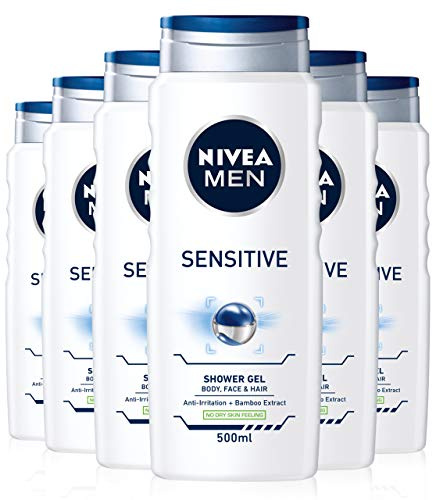 NIVEA MEN Sensitive Shower Gel Pack of 6 (6 x 500ml), Alcohol-Free Sensitive Skin Shower Gel, Gentle Shower Gel for Men, Shower Gel for Irritated Skin