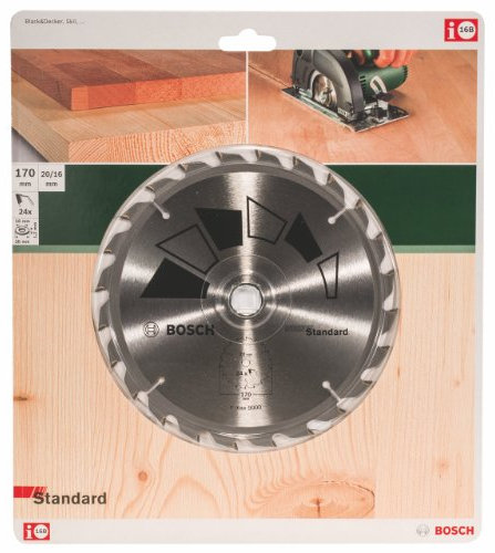 Bosch 1x Kreissägeblatt Standard (Sägeblatt für Holz, Ø 170 x 2.2/1.5 x 20/16 mm, 24 Zähne, ATB, mit 1x Reduzierring 16 mm, Zubehör Kreissäge)