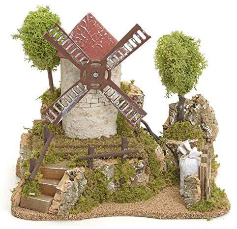 Holyart Molino de Viento Eléctrico Entre los Árboles - Madera, Corcho - Decoración de Pesebre - Rústico - Marrones, Verdes, Negro, Metalico