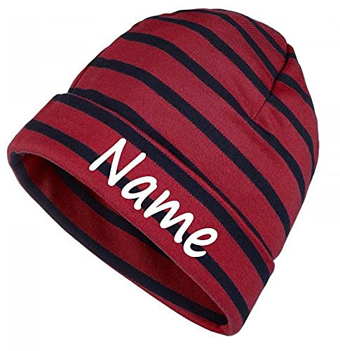 Elefantasie Mütze rot blau gestreift mit Namen oder Text personalisiert für Baby oder Kind aus 100% Baumwolle mit UV-Schutz