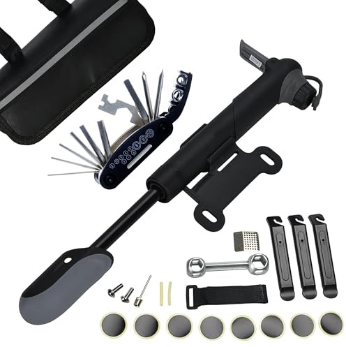 DAWAY A35 Bike Repair Kit - 120 PSI Mini Pump & 16-in-1 Multi Tool with Handy Bag, Includes Tire Patches & Levers, Essential Gear for Roadside Repairs, Practical Gift for Cyclists