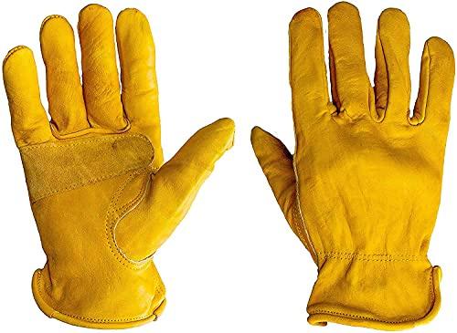 G & F 6203M-3 Premium Genuine Grain Cowhide Leathers with Reinforced Patch Palm Work Gloves, Drivers Glove, 3-Pair, Medium, Yellow