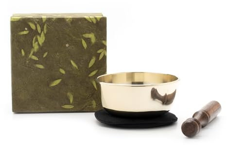 Geschenk-Box mit kleiner gegossener Klangschale I ca. 150 g I für Meditation & Achtsamkeit I Kindergarten u. Schule I Grüne Geschenk-Box aus nachhaltigem Naturpapier I Inkl. Klöppel/Pad