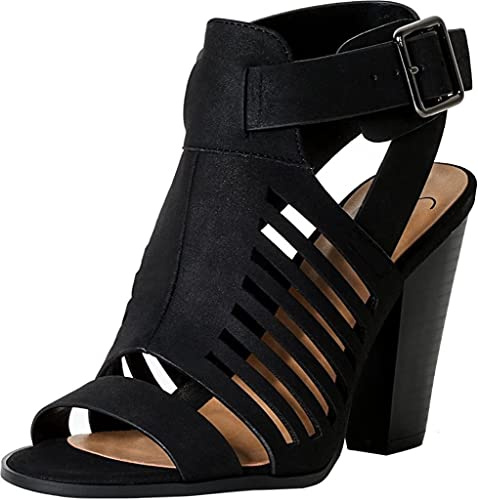 Soda Delicious Yummy Cutout Stacked Heel Sandal Shoes (Black, numeric_7_point_5)