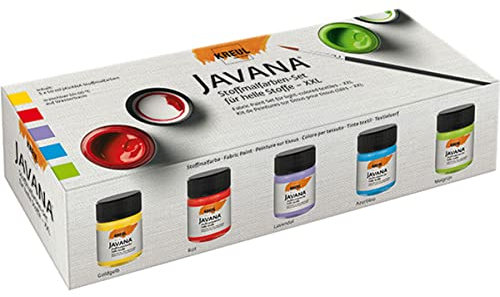 KREUL 91900 - Javana Stoffmalfarbe XXL Set für helle Stoffe, 5 x 50 ml in goldgelb, rot, lavendel, azurblau und maigrün, brillante Farbe mit cremigem Charakter, nach Fixierung waschbeständig