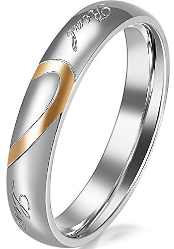 JewelryWe Schmuck Partnerringe, Freundschaftsringe, Edelstahl, Herz, Damen-Ring, Gold Silber, Größe 62 - mit Geschenk Tüte