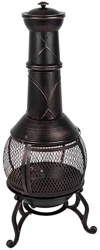 Fire Vida -Stahl-Chimäne Außenbereich Garten-Terrassenheizer BBQ-Kochgrill Chimnea Chimenea, Schwarz & Antik Gold, 107x38x42