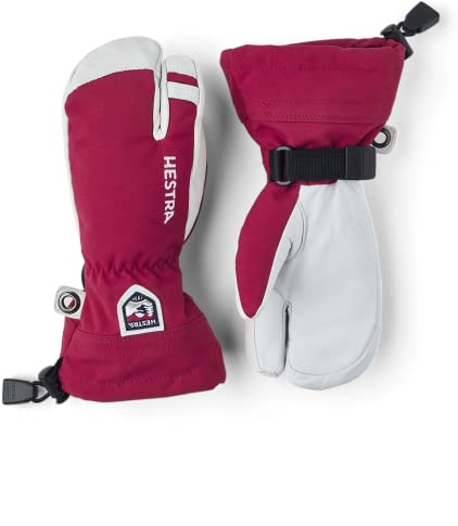 Hestra Army Leather Heli Ski Junior Mitt (Youth 4-13yrs) | Waterproof, Insulated Classic 3-Finger Leather Kids Gloves for Winter, Skiing & Playing in The Snow - Red - 6