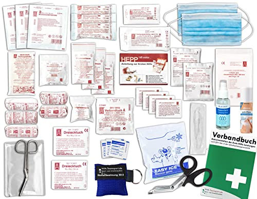 Komplett-Set Erste-Hilfe nach AKTUELLER DIN/EN 13 157 PLUS 4 für Betriebe mit Sprühpflaster, Hygiene-Gel, Notfallbeatmungshilfe & Verbandbuch