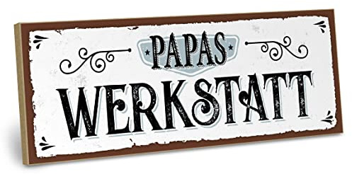 ARTFAVES® Wandbild Holzschild mit Spruch - Papas Werkstatt - Türschild Retro Vintage Deko Bild Geschenk - Familie, Vater
