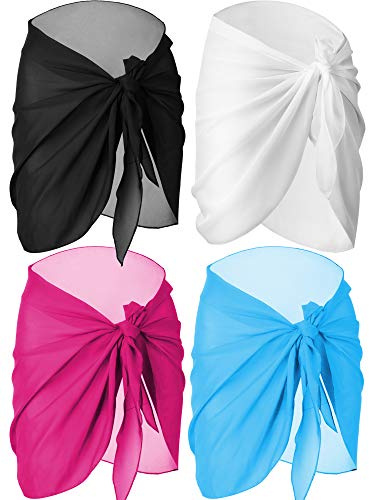 Chuangdi 4 Pcs Sarongs Coverups for Women Swimsuit Wrap Skirt Beach Bikini Bottom Cover up Short Skirt Chiffon Cover Ups for Swimwear(Black, White, Light blue, Rose Red)