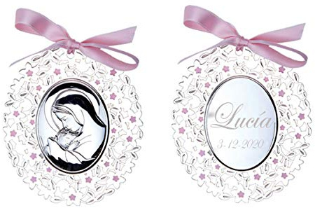 Medallon cuna de cuna o carrito, modelo virgen. Plata laminada. GRABADA personalizada con nombre y fecha. Rosa