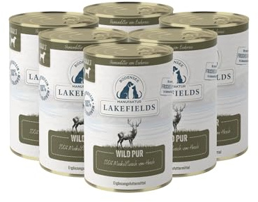 Lakefields Premium Hundefutter Nass | Wild pur 100% | 6 x 400g | Reines Muskelfleisch | Wildfleisch aus artgerechter Tierhaltung | Getreidefreies Nassfutter für Hunde | Regional & Naturbelassen