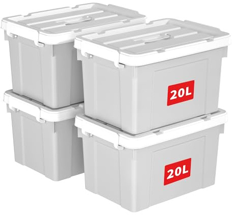 Cetomo 20L*4 Aufbewahrungsboxen, Tragbare Plastikboxen mit Deckeln, Organizer-Behälter mit Griff und Clips, Stapelbar, Ineinander Nestbar, für Zuhause und Büro, Grau, 20L-4er Pack