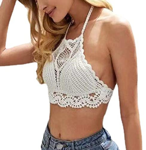 UNFAIRZQ Women Beach Crochet Daisy Floral Bikini Bra Knit Mesh Plaid Sexy Halter Crop Top Crochet Bralette Tank White