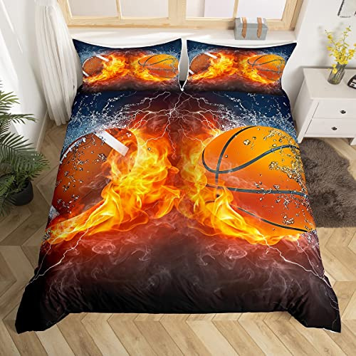 Set di Biancheria da Letto Calcio 220x240 per Ragazzi e Bambini, Completo Copripiumino Pallacanestro, Set Biancheria da Letto Sportiva, Copripiumino con Tema Ghiaccio Fuoco, Biancheria da Letto Rugby
