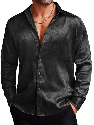 COOFANDY Camisa de hombre de manga larga con estampado, camisa de vestir slim fit para negocios y ocio, Negro , L