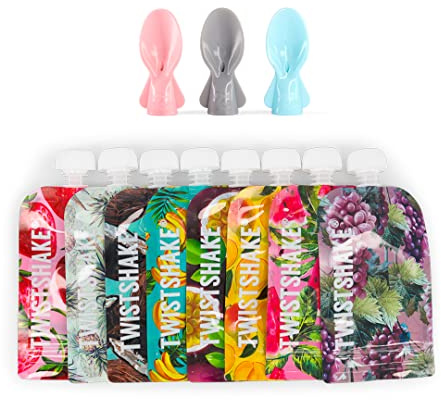 Twistshake Babynahrungsbeutel 100 ml + Löffel – 8er-Set | Wiederverwendbare Babynahrungstasche mit doppeltem Reißverschluss | BPA-freier Fill n Squeeze Baby-Entwöhnungsbeutel | Gefrierschranksicher