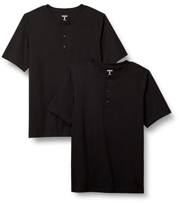 Amazon Essentials Herren Kurzärmliges Henley-T-Shirt aus Baumwolle mit normaler Passform, 2er-Pack, Schwarz, L