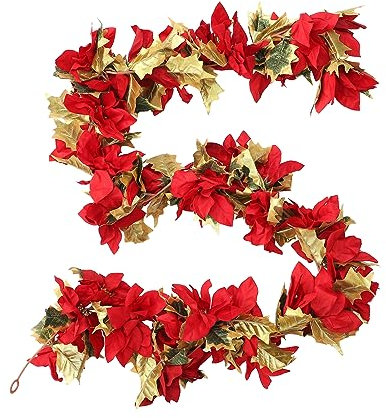 belupai Guirnaldas Navideñas de Poinsettia Roja de 4.9 Ft, 2 Piezas de Flores Artificiales de Navidad con Hojas de Acebo Doradas, Enredaderas de Flores de Poinsettia Falsas para Fiestas de(Rojo)