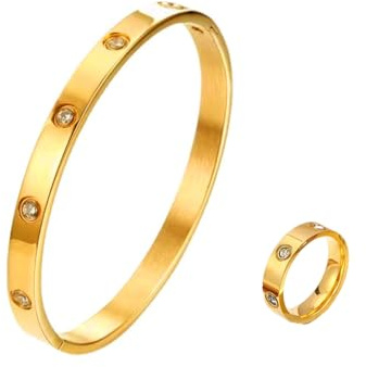 BKEPDY Rundarmband Ring Set Kristall Schmuckset Edelstahl Armreif Damenring Luxus Hochwertig Elegant Klassisch Zeitlos