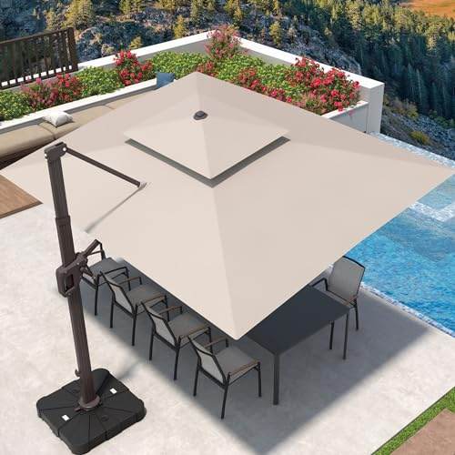 Deconk 9' X 12' Patio Umbrella with LED Lights Outdoor Cantilever Large Rectangle Offset Umbrellas Heavy Duty Aluminum Double Top with 360-degree Rotation for Pool Garden Deck, Beige