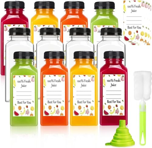 Leaflai Lot de 12 bouteilles de jus de 355 ml avec couvercles, réutilisables en plastique pour jus, lait, smoothie, fruits, autocollants, comme un cadeau